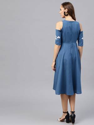 Cold Shoulder Embroidered Blue Dress 3
