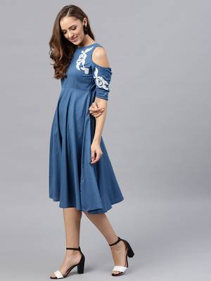 Cold Shoulder Embroidered Blue Dress 4