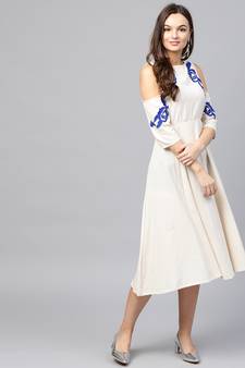 Cold Shoulder Embroidered Off White Dress