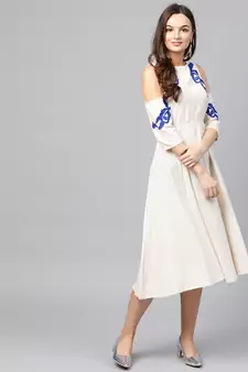 Cold Shoulder Embroidered Off White Dress