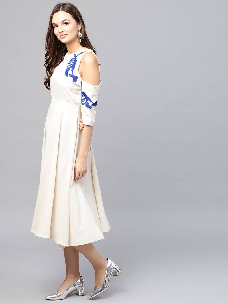 Cold Shoulder Embroidered Off White Dress
