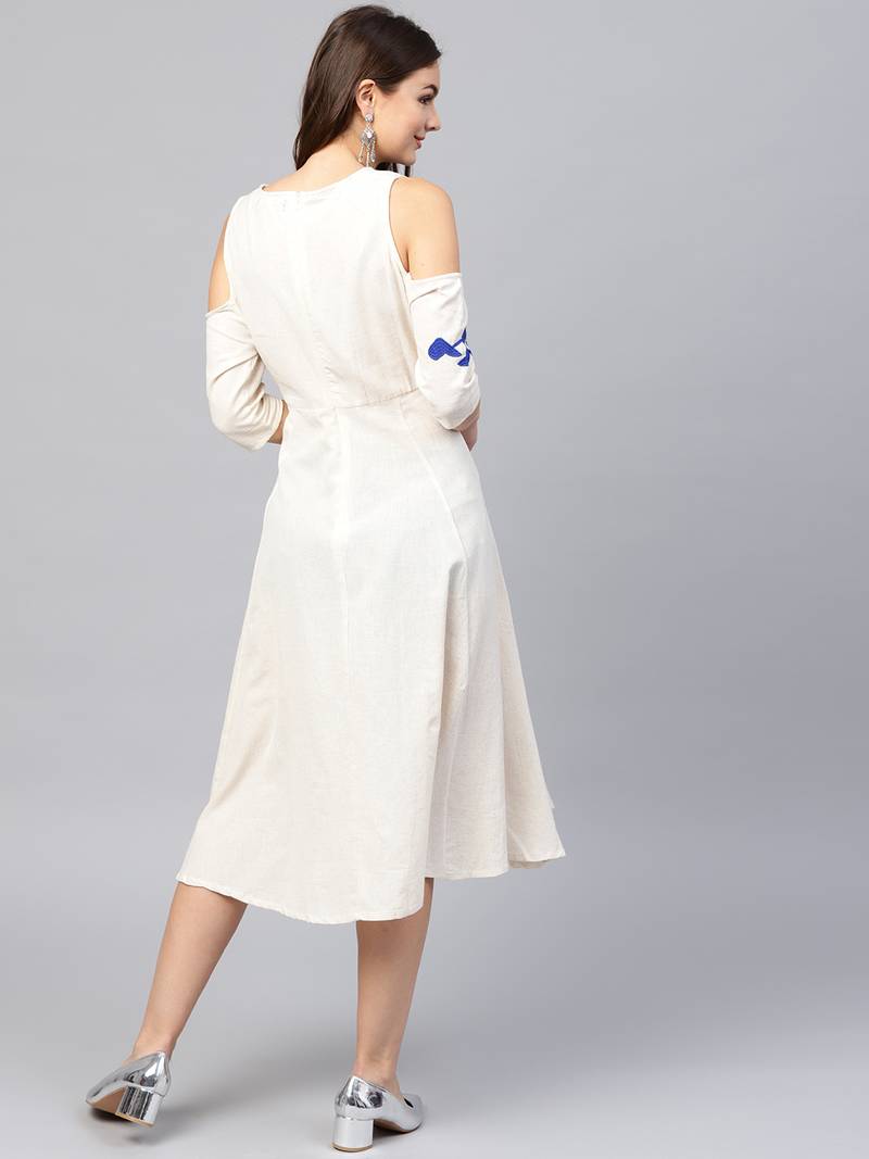 Cold Shoulder Embroidered Off White Dress