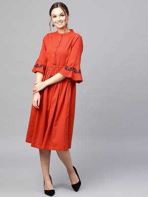 Rust Drawstring Emb Bell Sleeves Dress 1