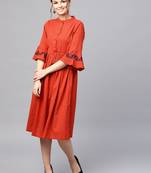 Rust Drawstring Emb Bell Sleeves Dress