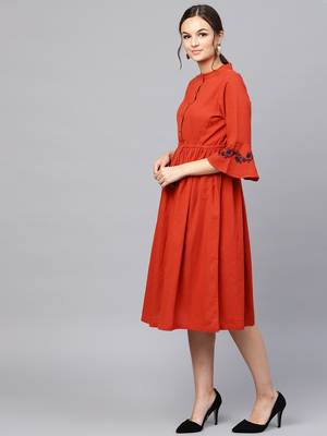 Rust Drawstring Emb Bell Sleeves Dress 2