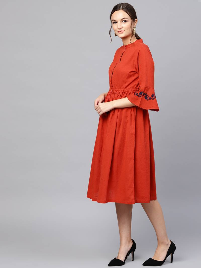 Rust Drawstring Emb Bell Sleeves Dress