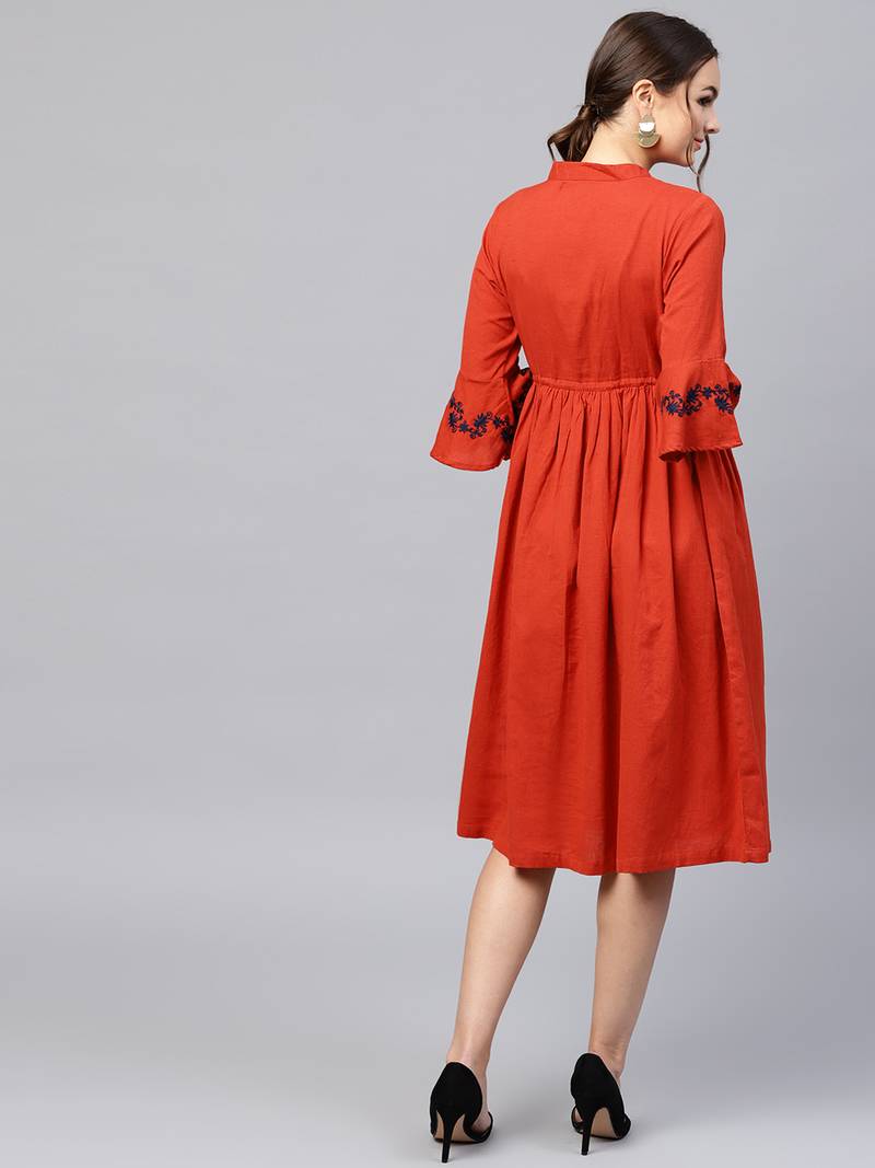 Rust Drawstring Emb Bell Sleeves Dress