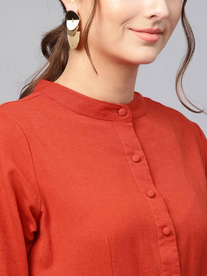 Rust Drawstring Emb Bell Sleeves Dress
