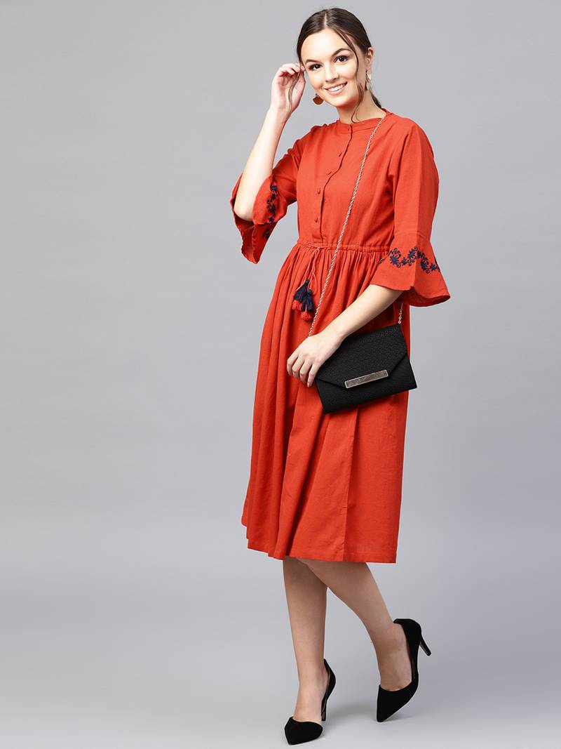 Rust Drawstring Emb Bell Sleeves Dress