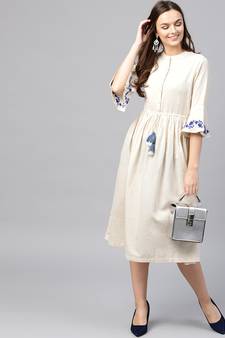 Off White Drawstring Emb Bell Sleeves Dress
