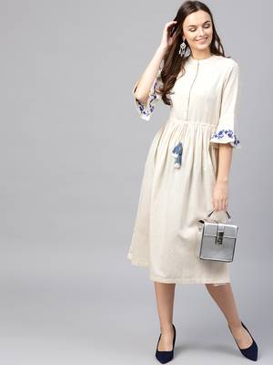 Off White Drawstring Emb Bell Sleeves Dress 1