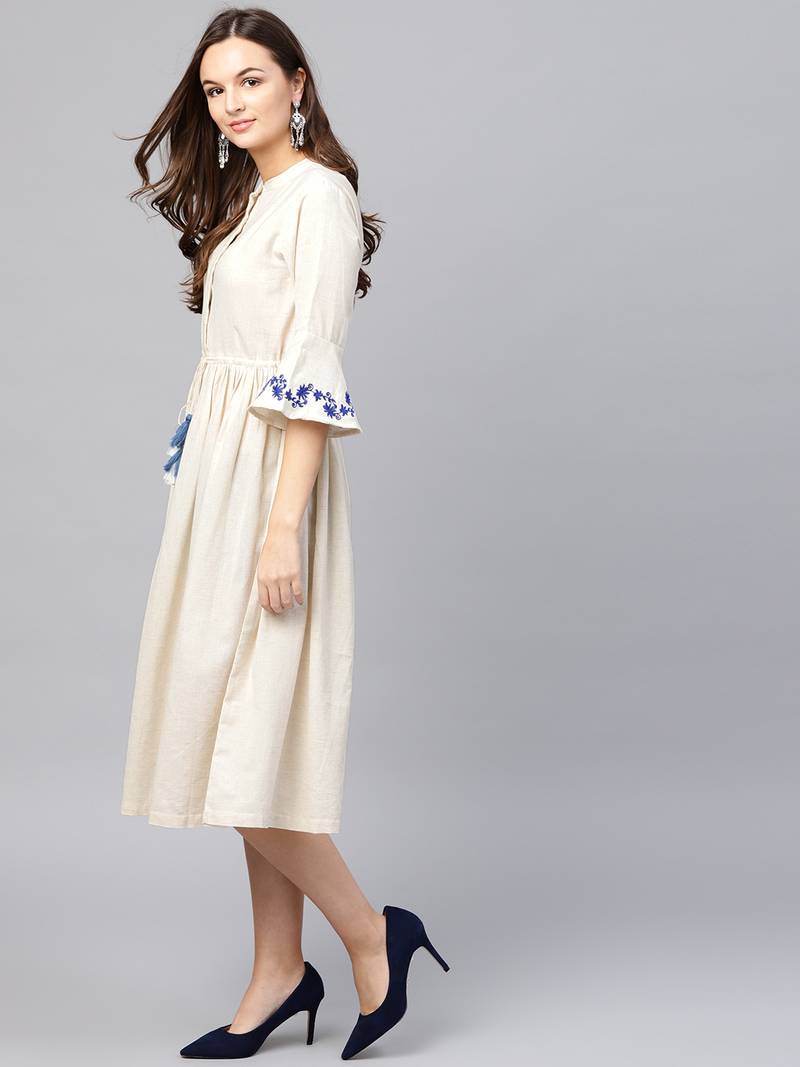 Off White Drawstring Emb Bell Sleeves Dress