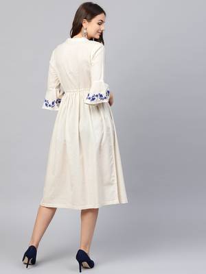 Off White Drawstring Emb Bell Sleeves Dress 3