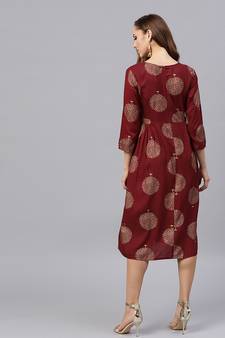 Maroon Foil Printed Gathered Waist Dress