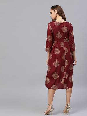 Maroon Foil Printed Gathered Waist Dress 1