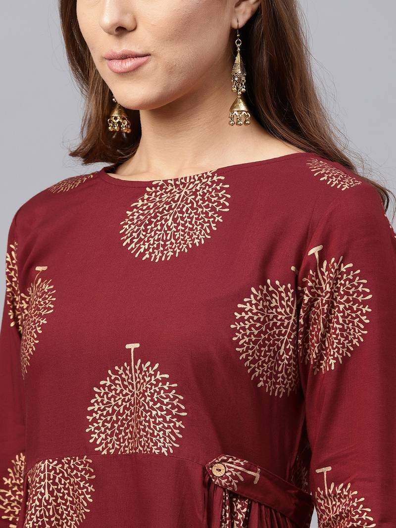 Maroon Foil Printed Gathered Waist Dress