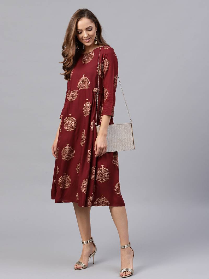 Maroon Foil Printed Gathered Waist Dress