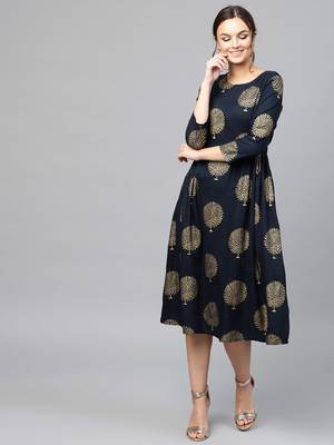 Navy Foil Printed Gathered Waist Dress 1