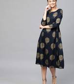 Navy Foil Printed Gathered Waist Dress