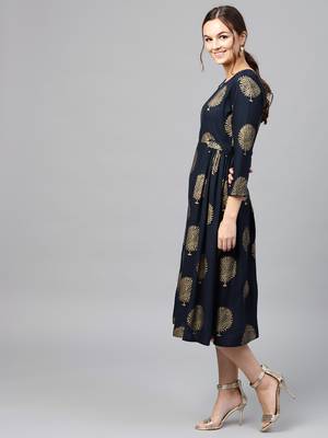 Navy Foil Printed Gathered Waist Dress 2