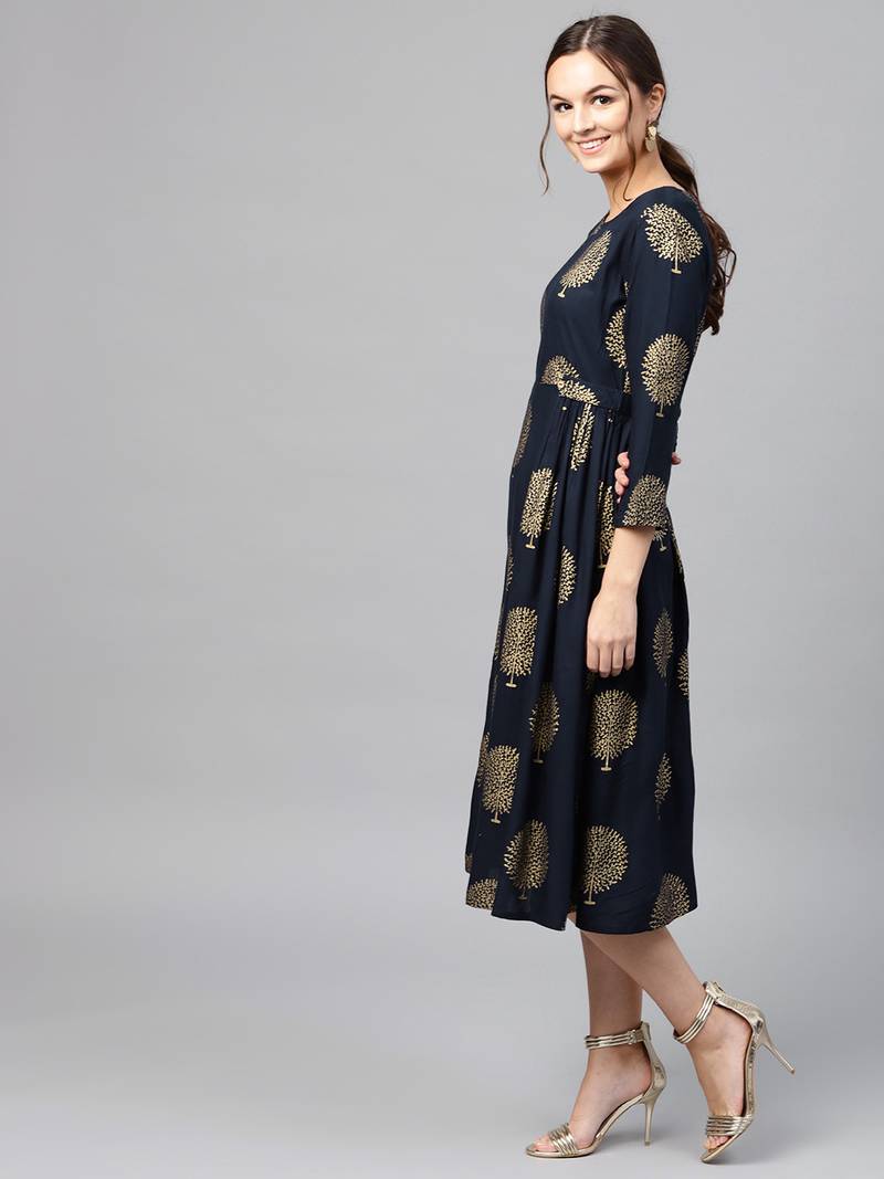 Navy Foil Printed Gathered Waist Dress