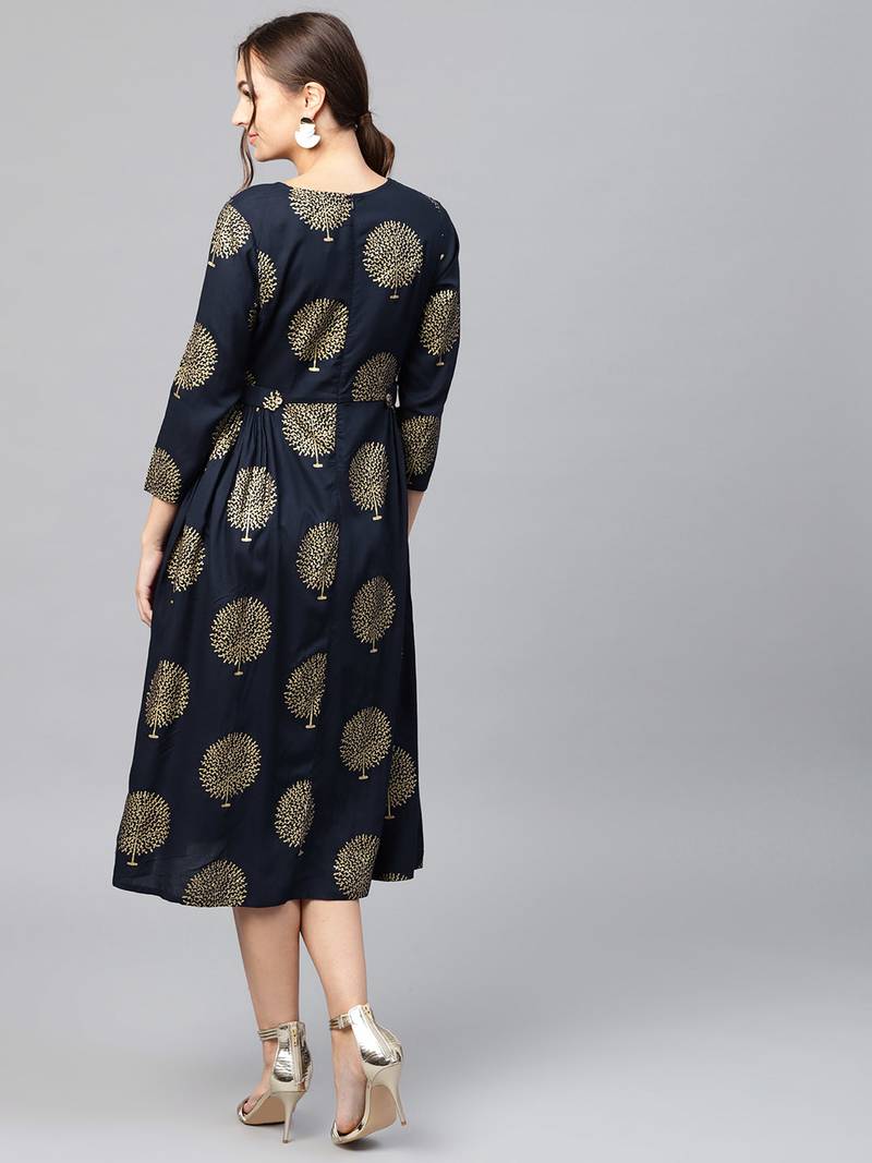 Navy Foil Printed Gathered Waist Dress