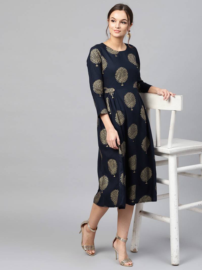 Navy Foil Printed Gathered Waist Dress