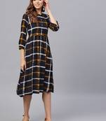 Navy Check Gathered Waist Dress