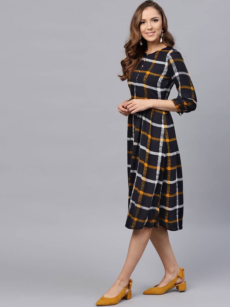 Navy Check Gathered Waist Dress