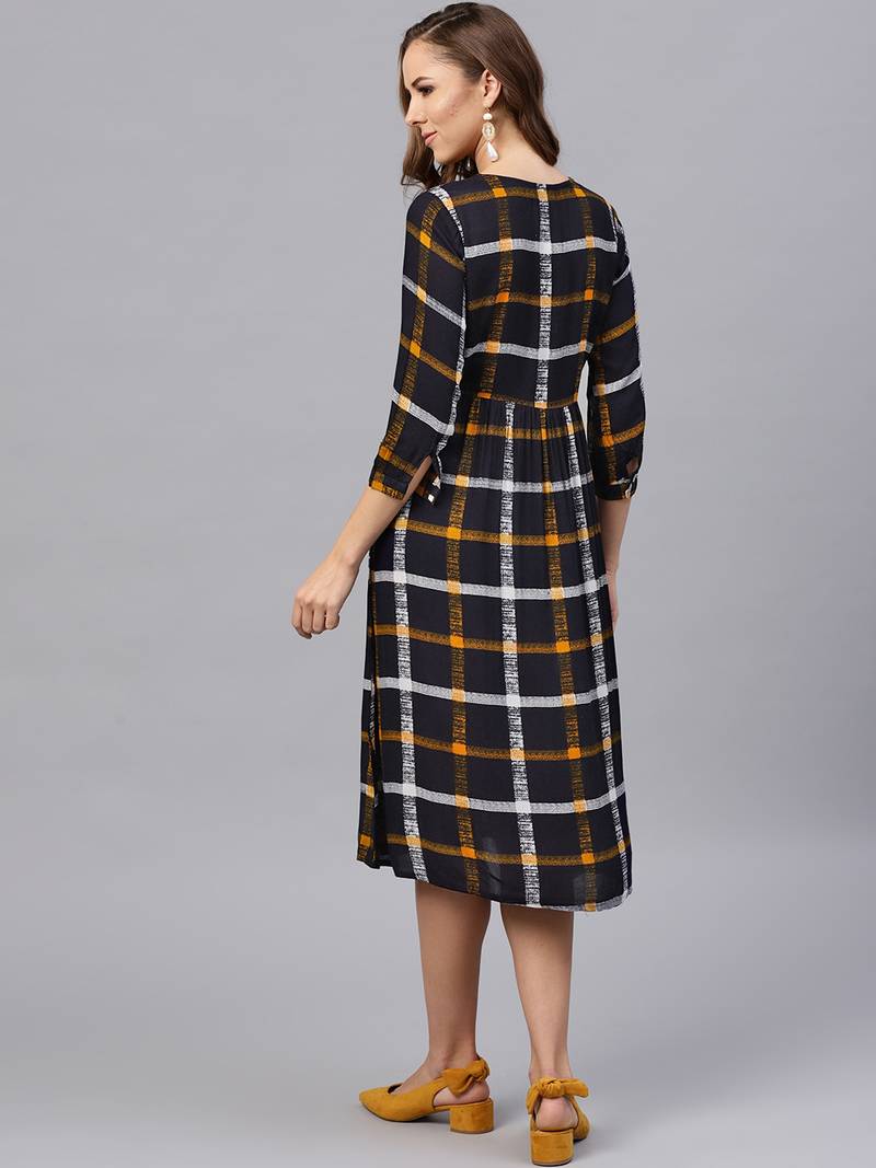 Navy Check Gathered Waist Dress