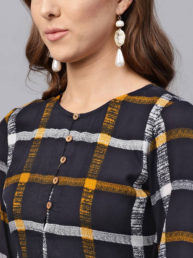 Navy Check Gathered Waist Dress