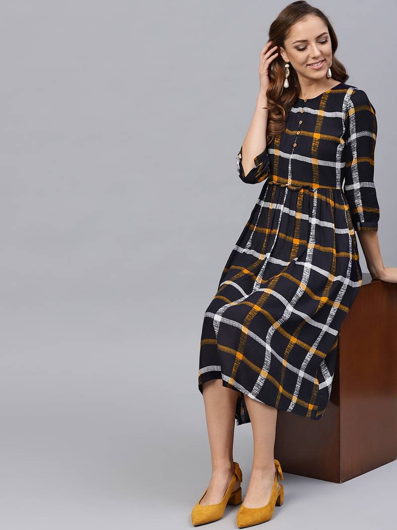 Navy Check Gathered Waist Dress