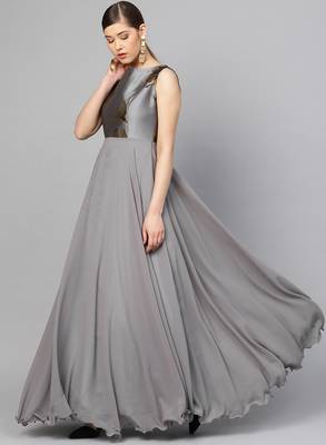 Grey Georgette Solid Maxi Dress 1