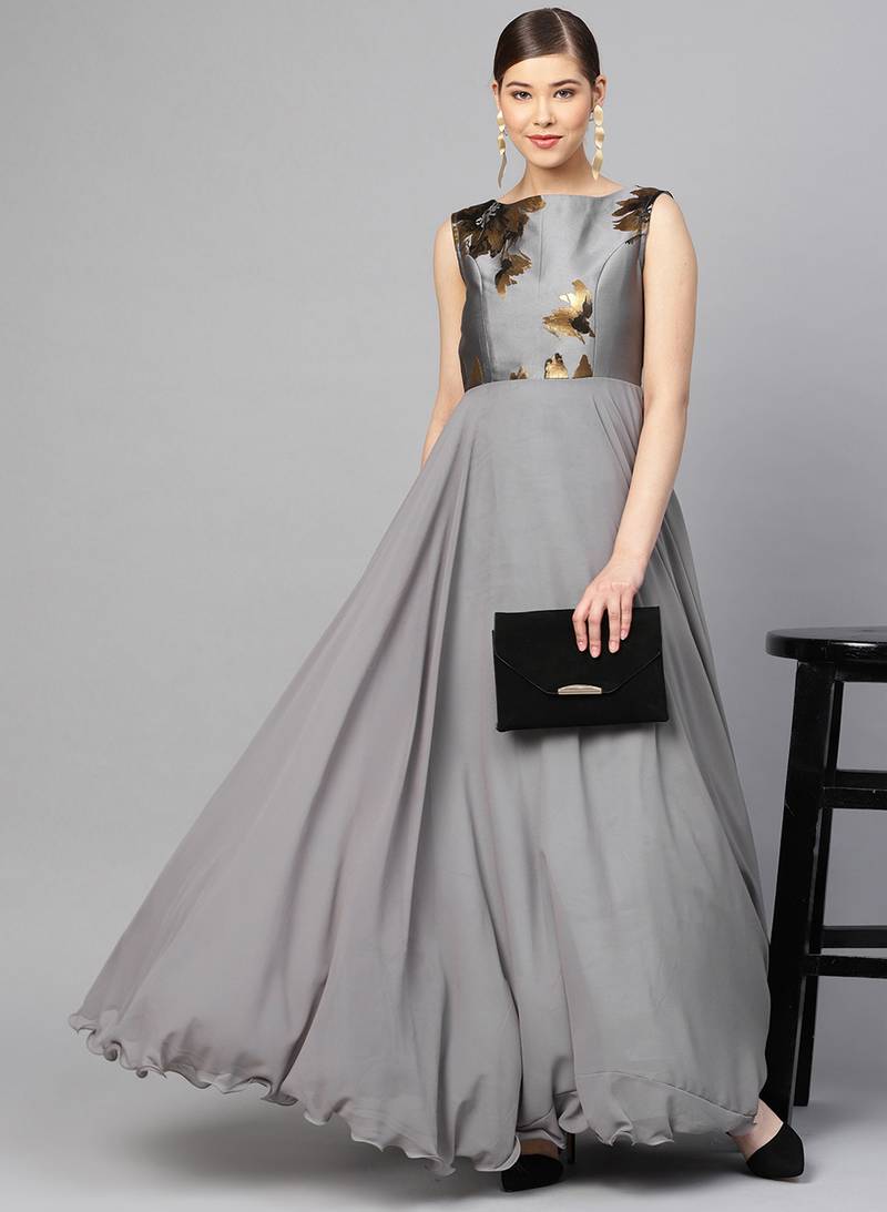 Grey Georgette Solid Maxi Dress