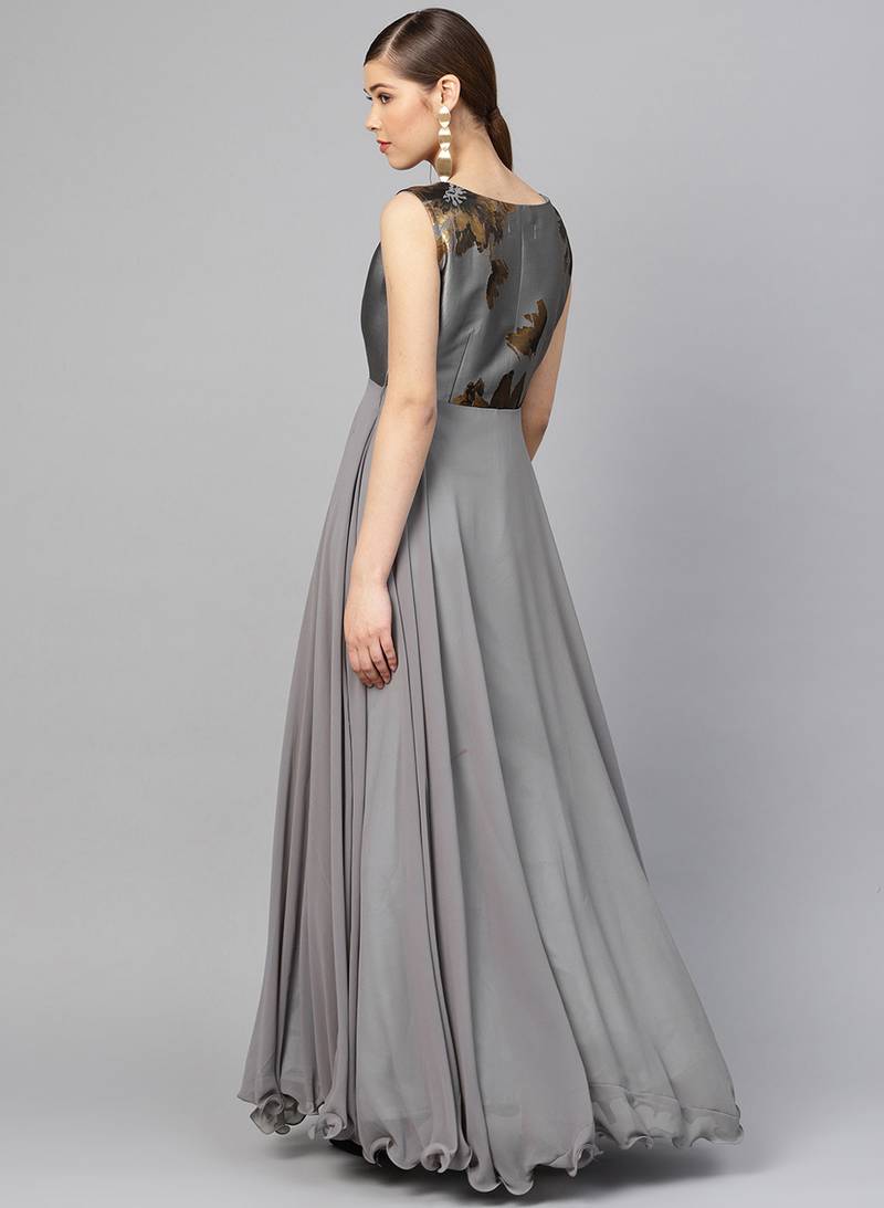 Grey Georgette Solid Maxi Dress