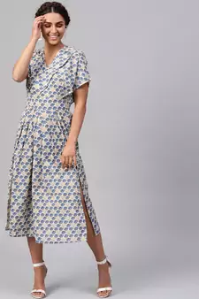 Beige & Blue floral_print Collared Midi