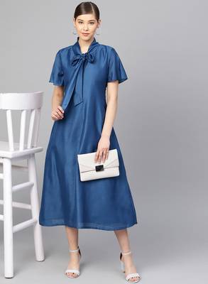 Blue Muslin Silk Solid Maxi Dress 1