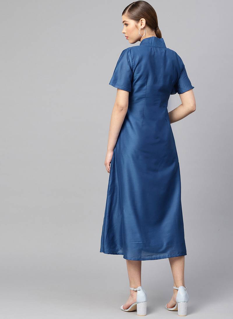 Blue Muslin Silk Solid Maxi Dress