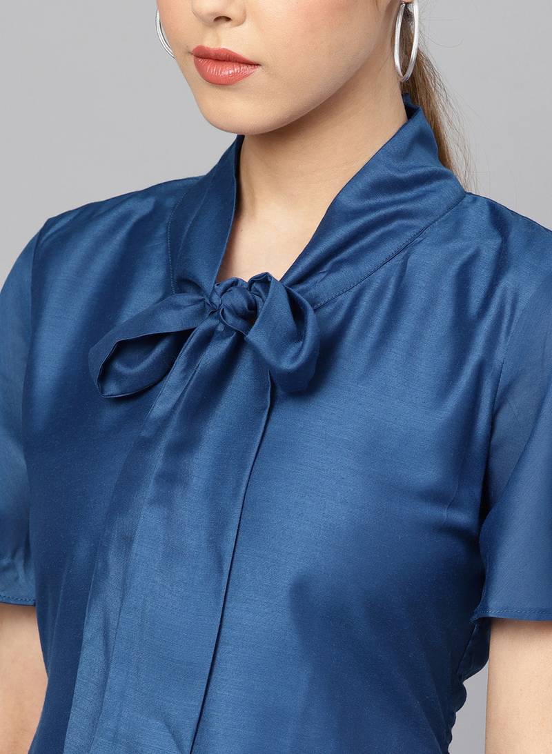 Blue Muslin Silk Solid Maxi Dress