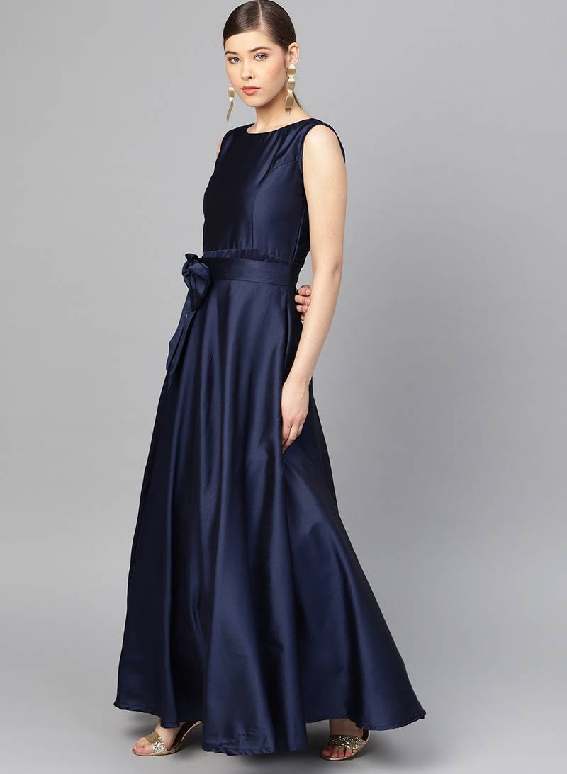 Navy Blue Tafeta Solid Gown