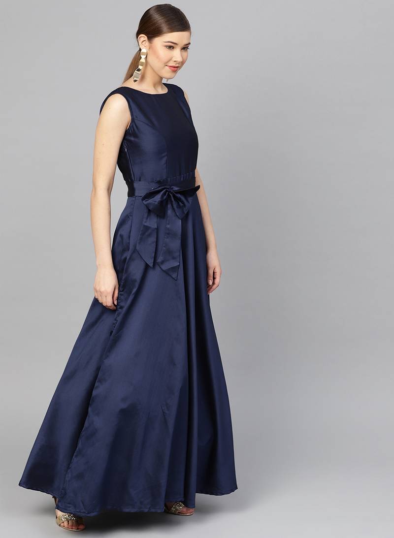 Navy Blue Tafeta Solid Gown