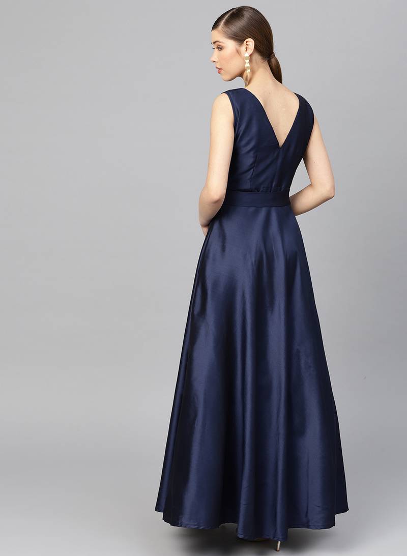 Navy Blue Tafeta Solid Gown