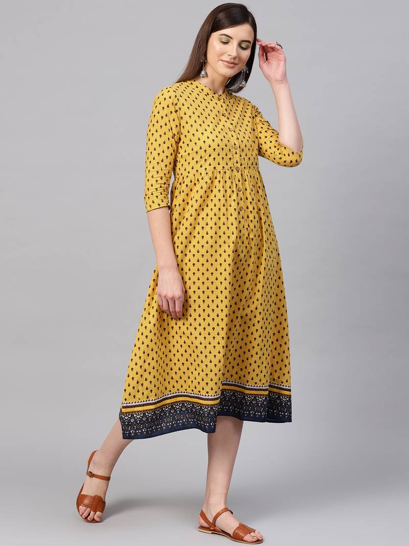 Yellow & Navy Booti Gathered Waist Dress