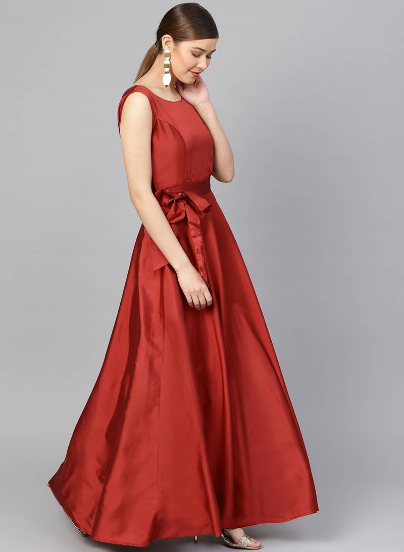 Maroon Tafeta Solid Gown