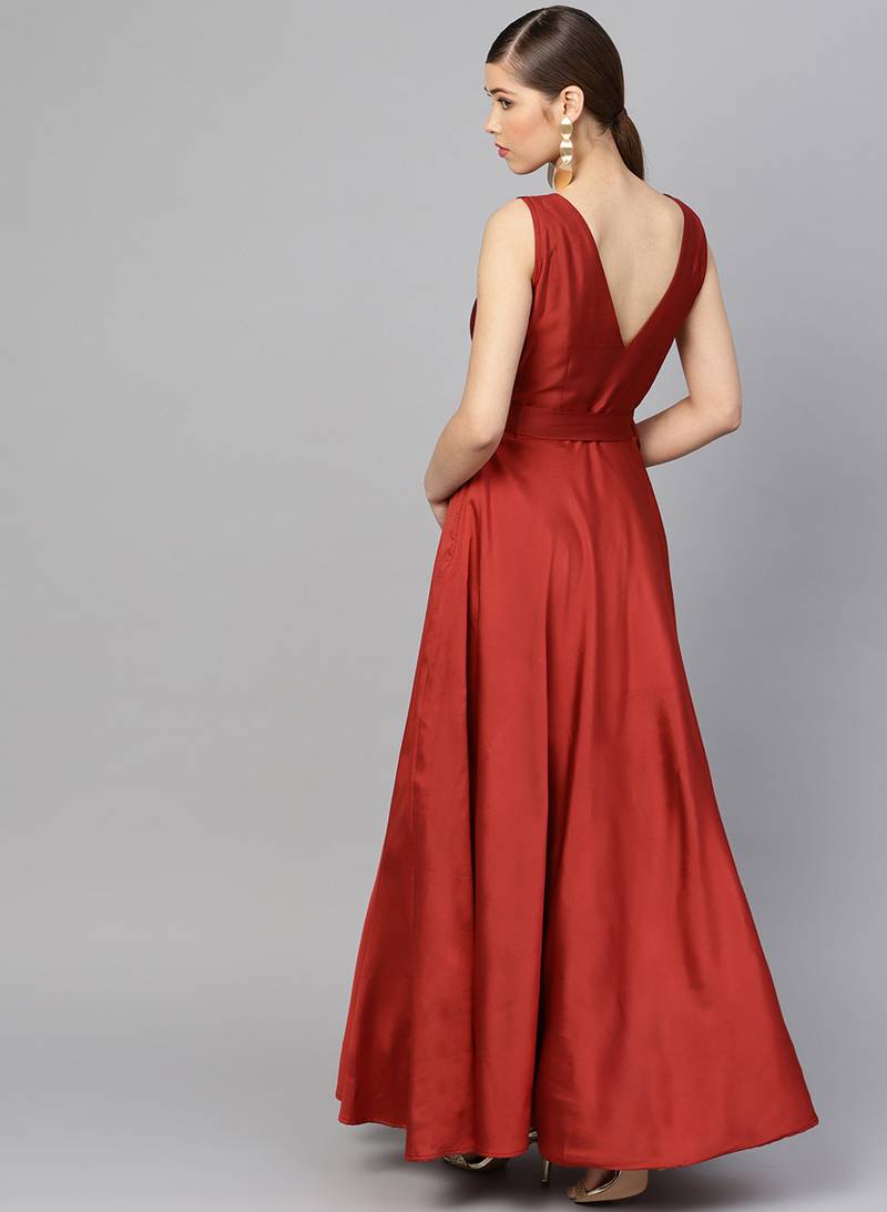 Maroon Tafeta Solid Gown