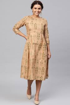 Golden Beige floral_print Piping Midi