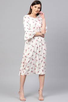 White floral_print Front Tassel Midi