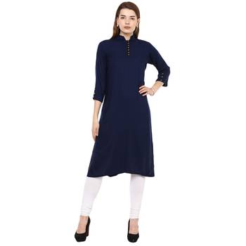 Blue Plain Rayon Long Kurtis 1