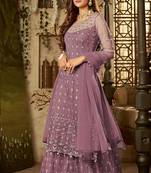 Light-purple embroidered net semi stitched salwar with dupatta