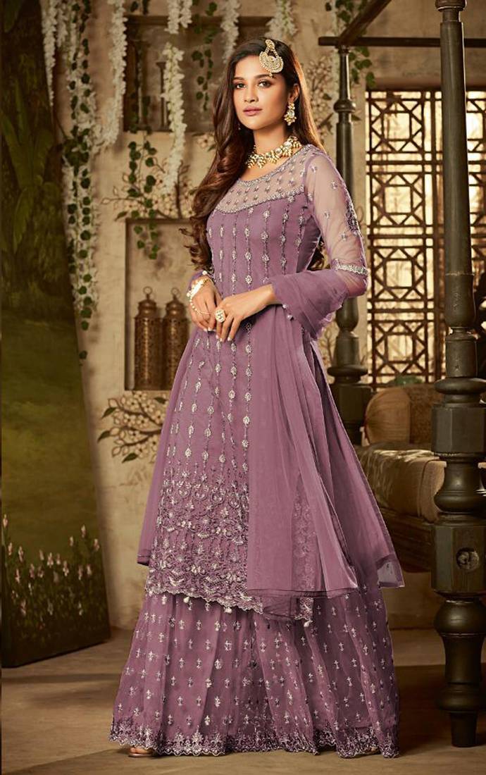 Light-purple embroidered net semi stitched salwar with dupatta